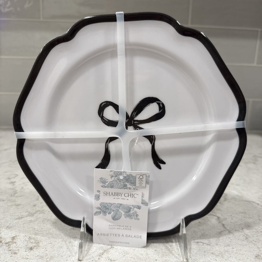 Shabby Chic Black Bow Melamine Salad Plates 8.5in Set of 4 White New